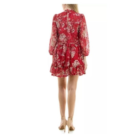 Maison Tara Womens Size 10 Red Floral Long Sheer Sleeve Tiered Ruffle Mini Dress - Picture 2 of 12